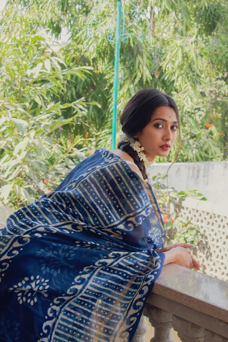 Heer - Indigo Dabu Print Cotton Silk Saree