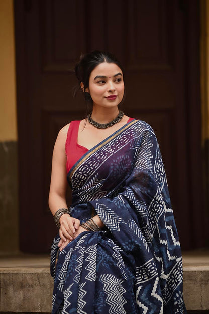 Indigo Waves - Cotton Silk Bagru Saree