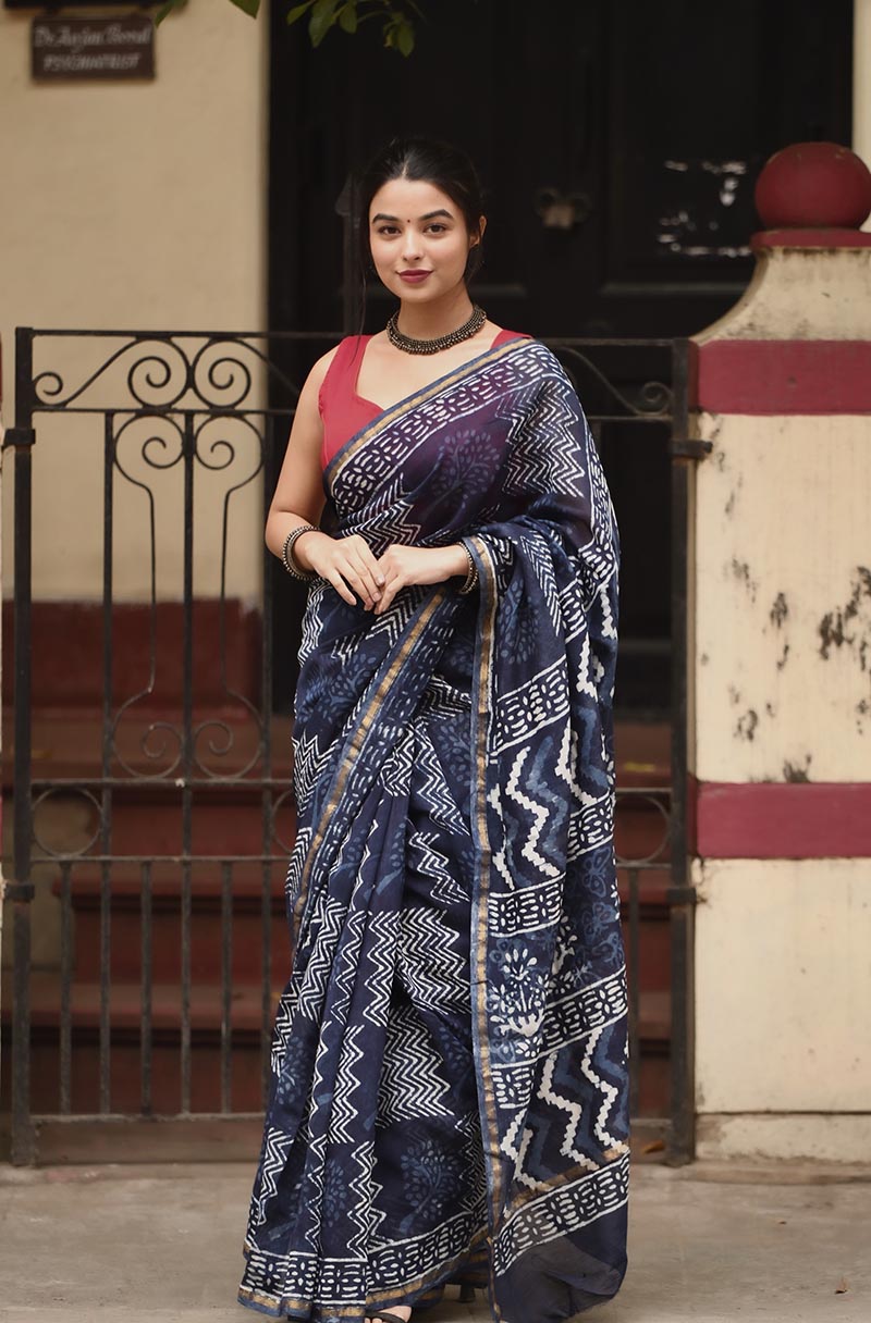 Indigo Waves - Cotton Silk Bagru Saree
