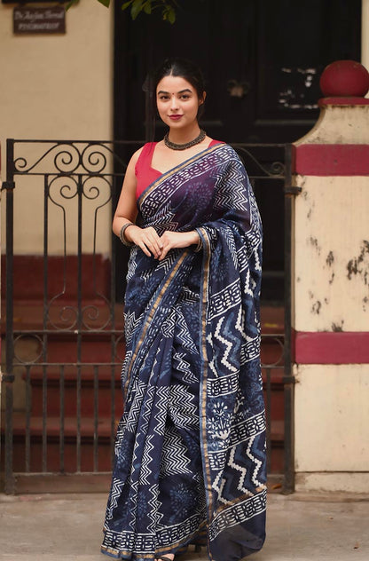 Indigo Waves - Cotton Silk Bagru Saree