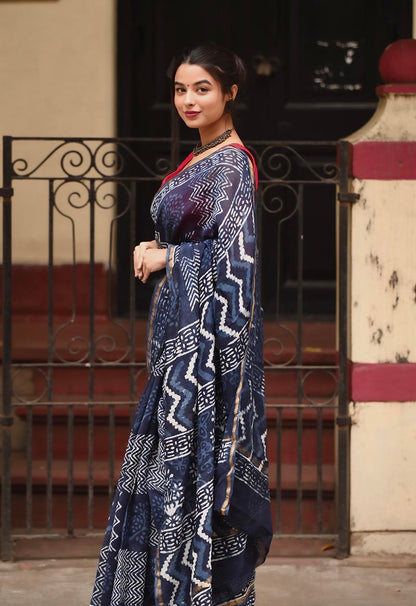 Indigo Waves - Cotton Silk Bagru Saree