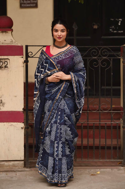 Indigo Waves - Cotton Silk Bagru Saree