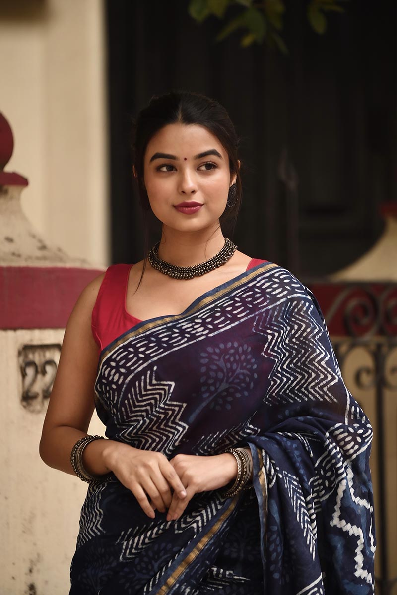 Indigo Waves - Cotton Silk Bagru Saree