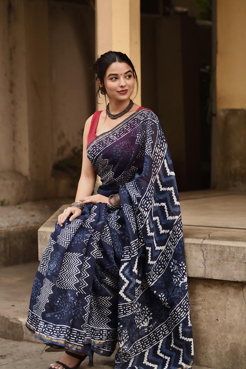 Indigo Waves - Cotton Silk Bagru Saree