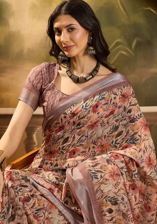Multicolor Premium Printed Linen Saree with Unstitched Blouse
