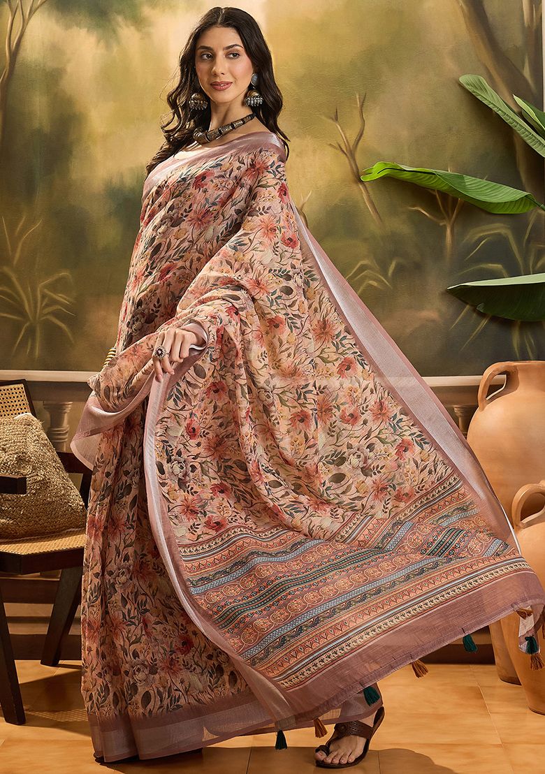 Multicolor Premium Printed Linen Saree with Unstitched Blouse