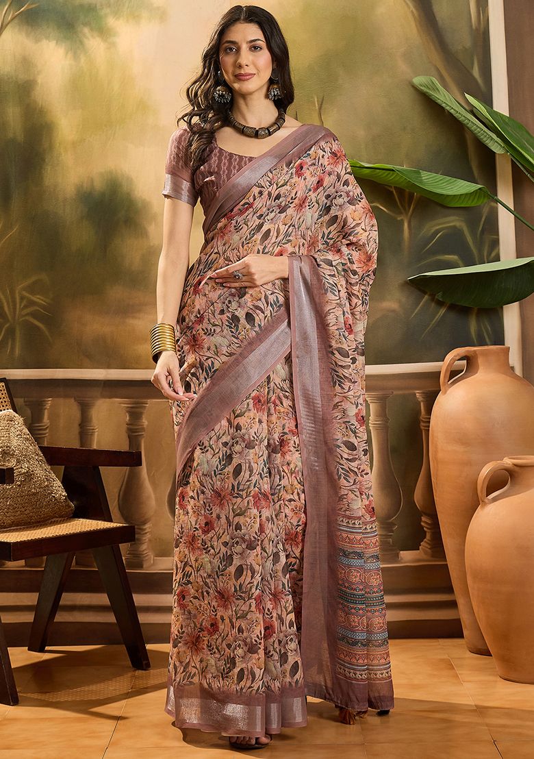 Multicolor Premium Printed Linen Saree with Unstitched Blouse