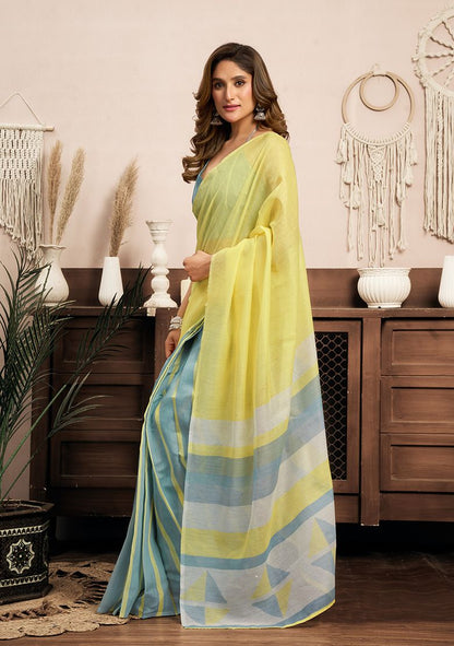 Classy Printed Linen Saree with Unstitched Blouse
