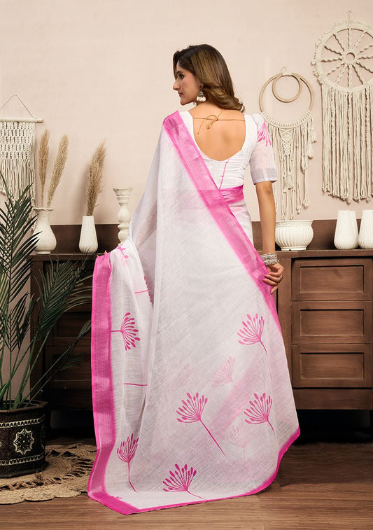 Pink white Modern Linen Saree with Unstitched Blouse