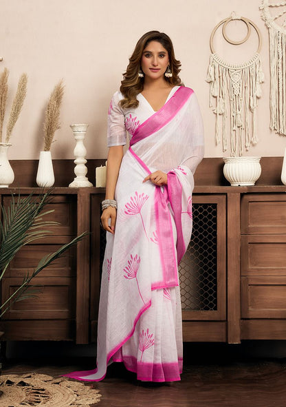 Pink white Modern Linen Saree with Unstitched Blouse