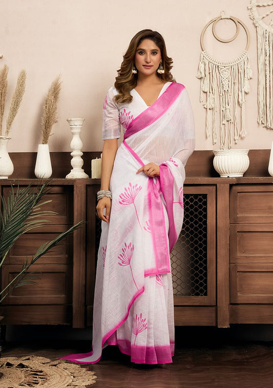 Pink white Modern Linen Saree with Unstitched Blouse