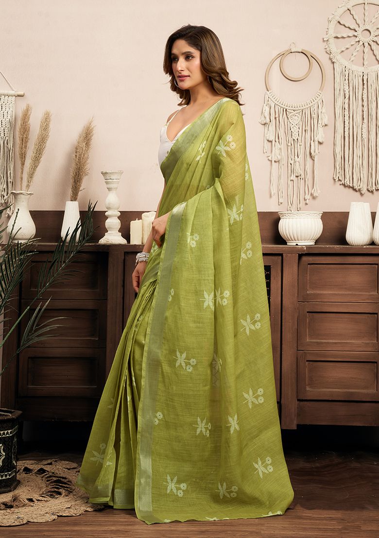 Mahendi Flower Print Linen Saree with Unstitched Blouse