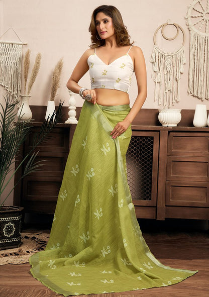 Mahendi Flower Print Linen Saree with Unstitched Blouse