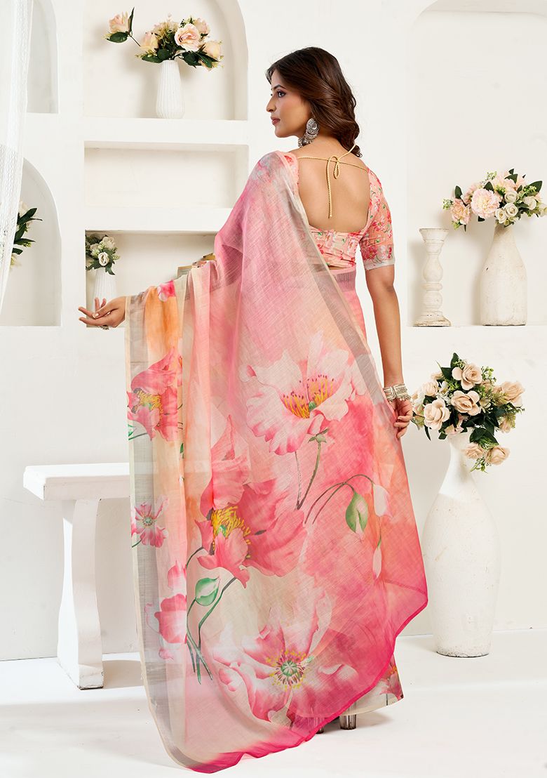 Multicolor Flower Print Linen Saree with Unstitched Blouse