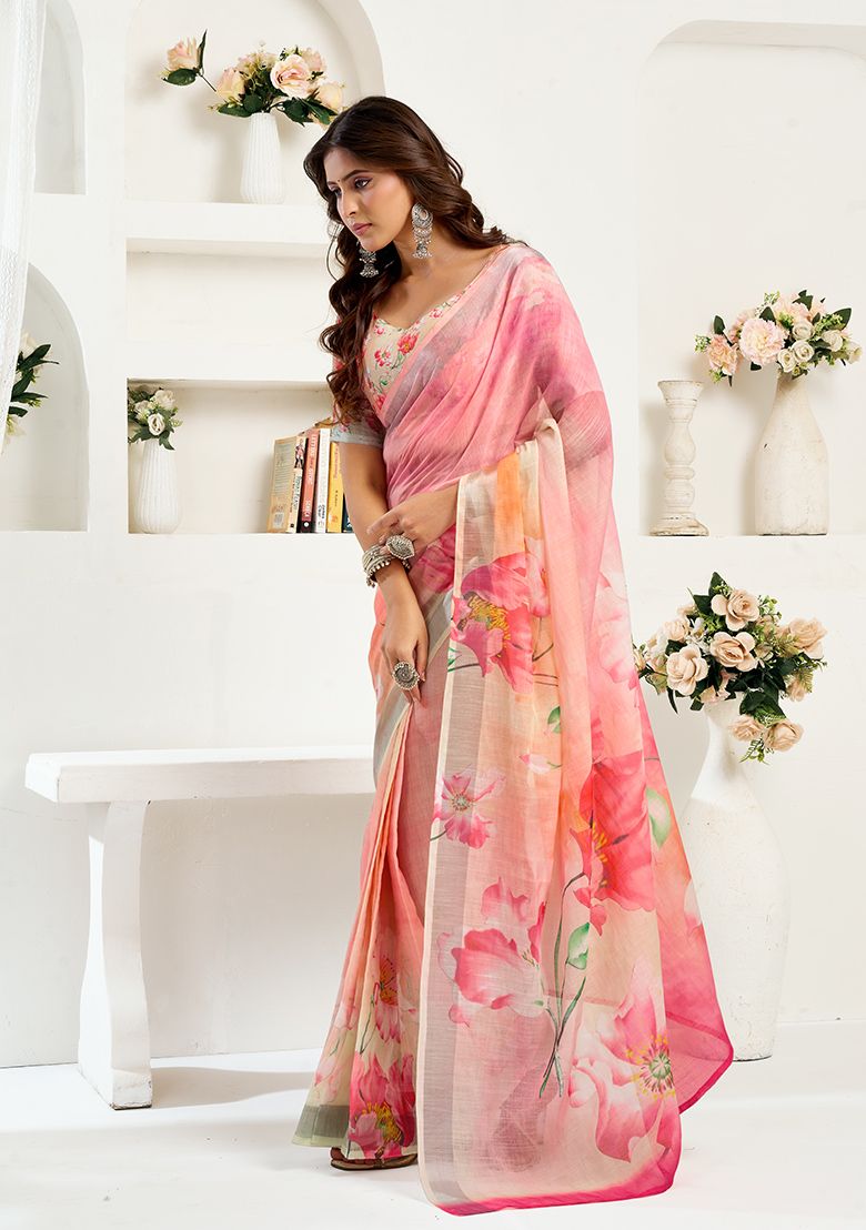 Multicolor Flower Print Linen Saree with Unstitched Blouse