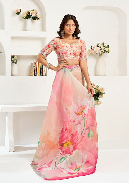 Multicolor Flower Print Linen Saree with Unstitched Blouse