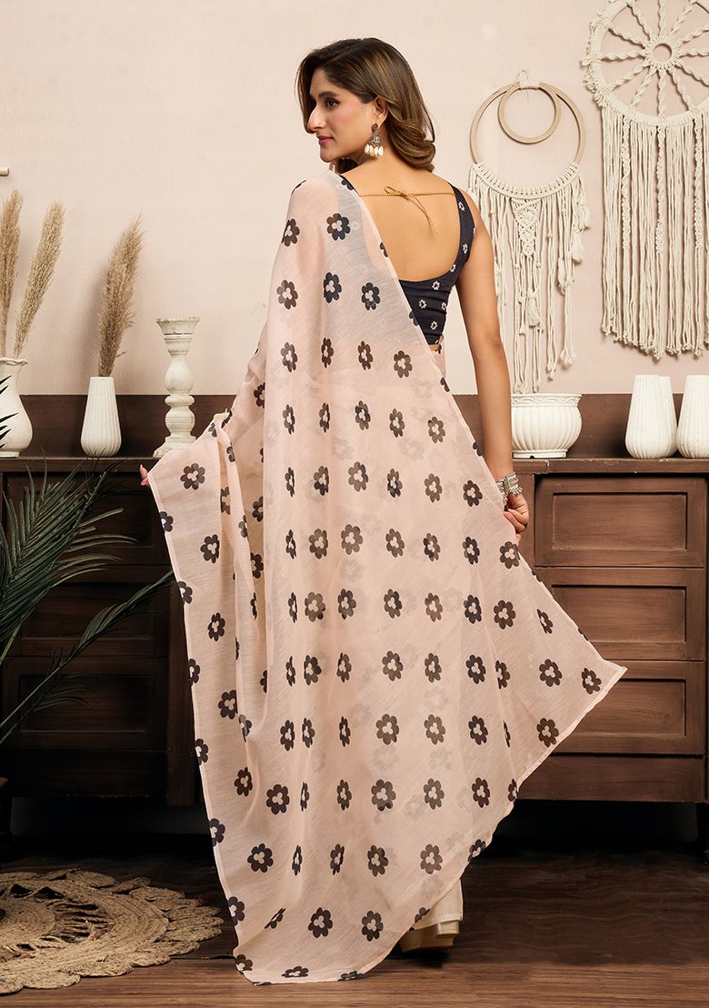 Multicolor Flower Print Linen Saree with Unstitched Blouse