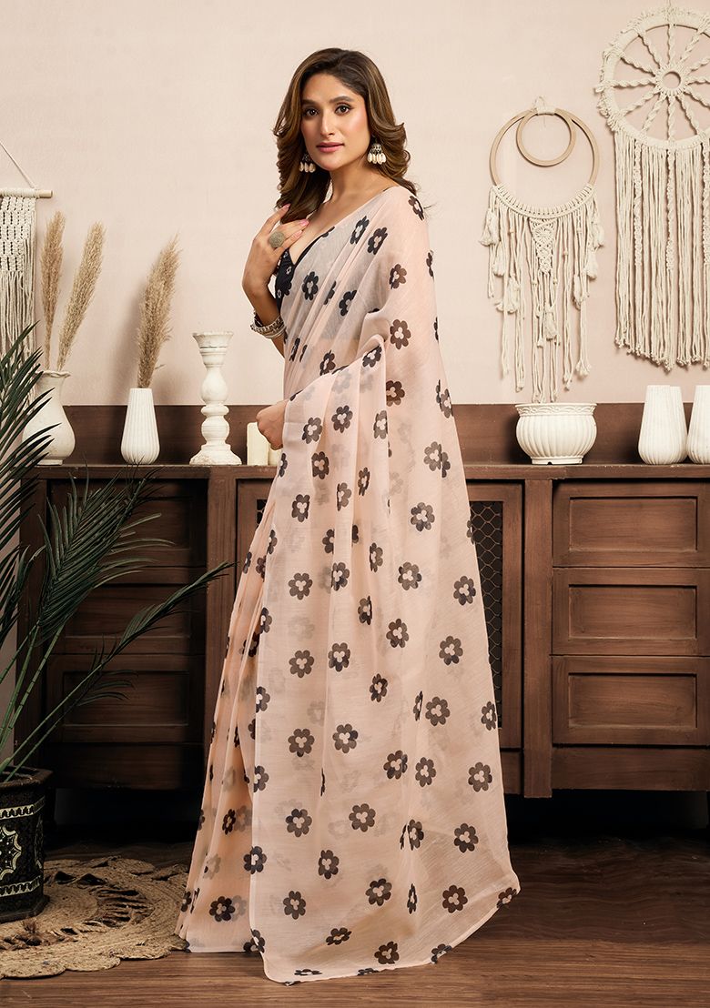 Multicolor Flower Print Linen Saree with Unstitched Blouse