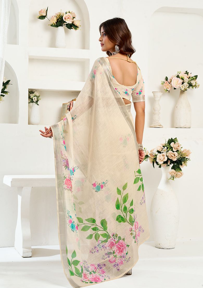 Multicolor Flower Print Linen Saree with Unstitched Blouse