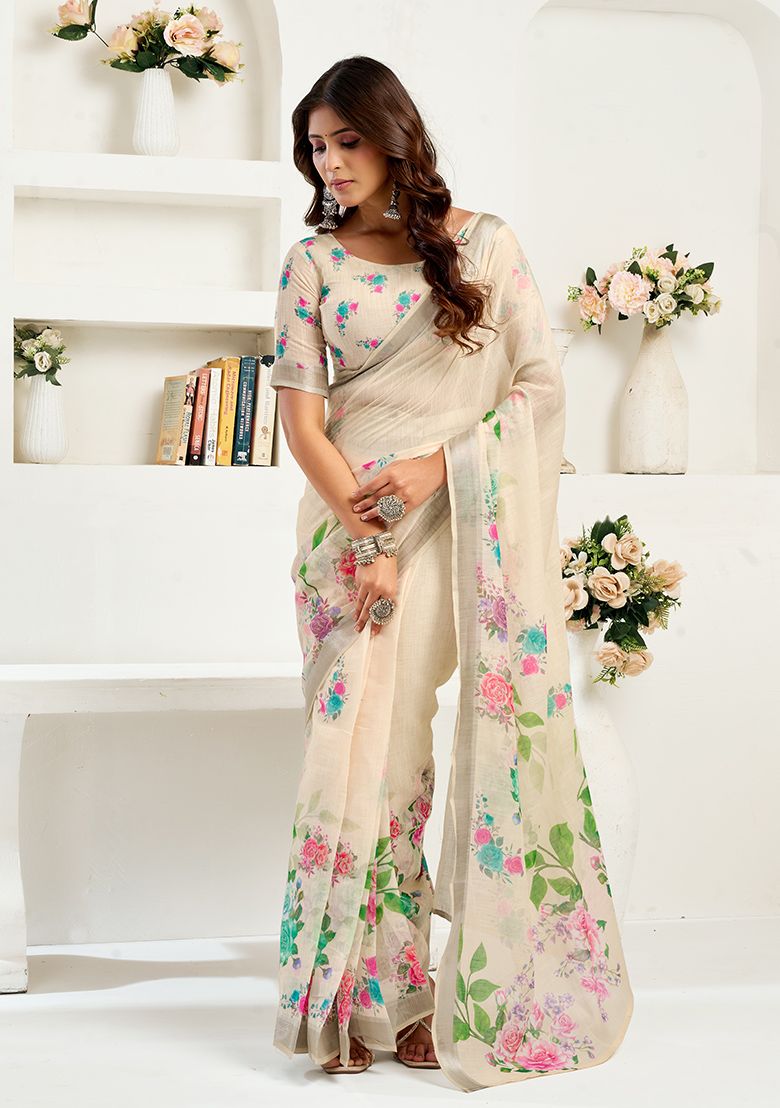 Multicolor Flower Print Linen Saree with Unstitched Blouse