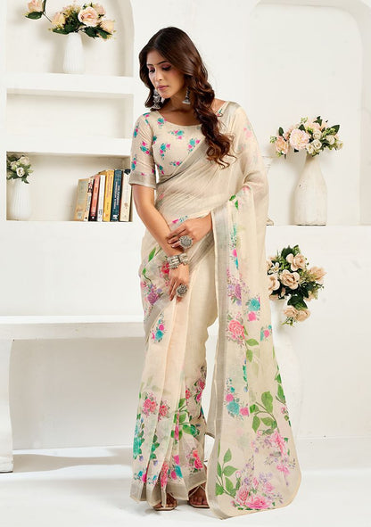 Multicolor Flower Print Linen Saree with Unstitched Blouse