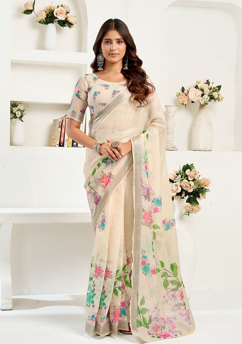 Multicolor Flower Print Linen Saree with Unstitched Blouse