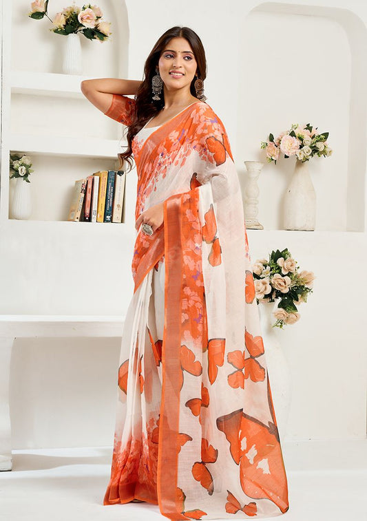Multicolor Flower Print Linen Saree with Unstitched Blouse