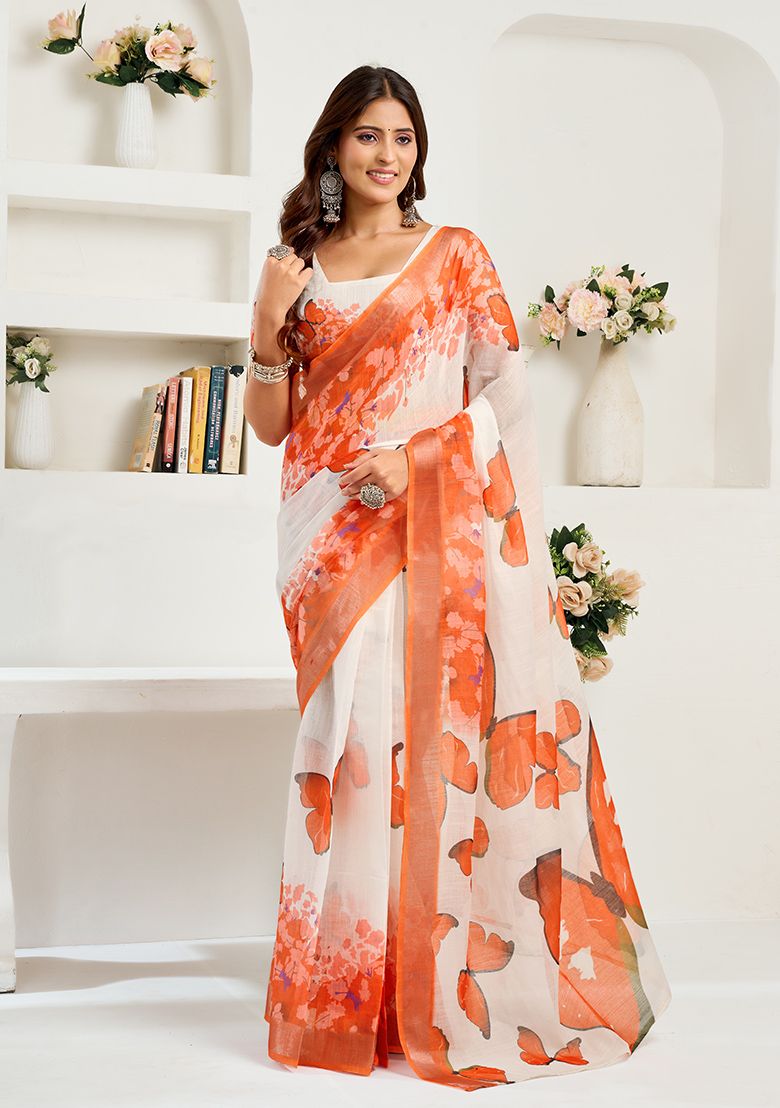Multicolor Flower Print Linen Saree with Unstitched Blouse