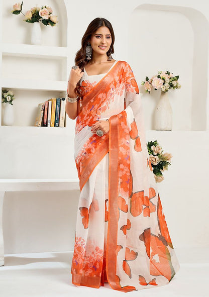 Multicolor Flower Print Linen Saree with Unstitched Blouse