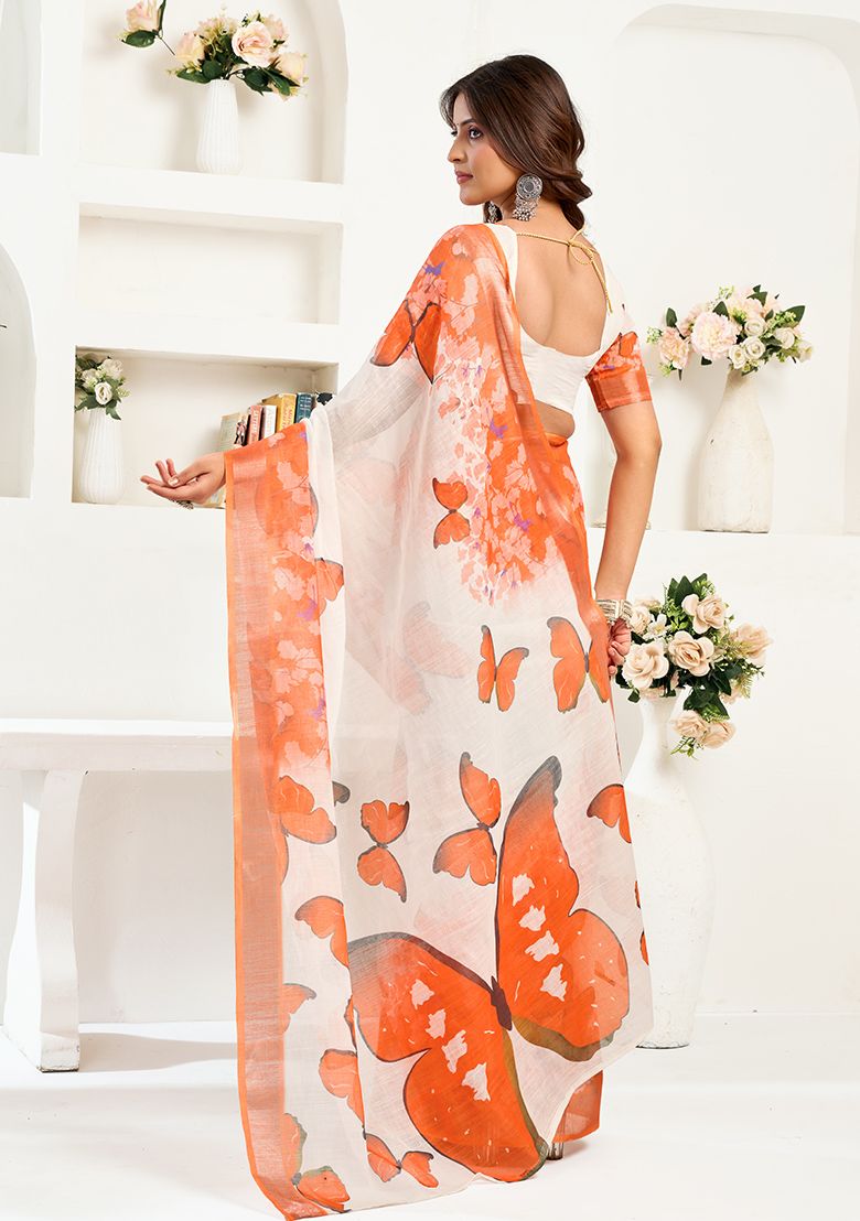 Multicolor Flower Print Linen Saree with Unstitched Blouse
