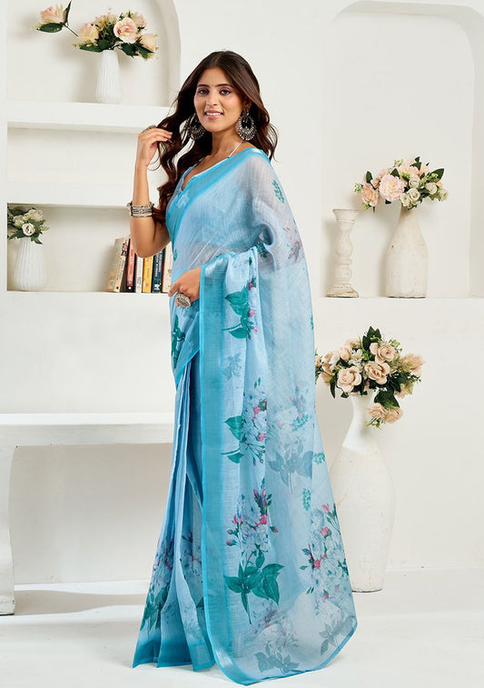 Multicolor Flower Print Linen Saree with Unstitched Blouse
