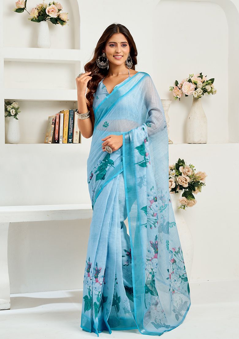 Multicolor Flower Print Linen Saree with Unstitched Blouse