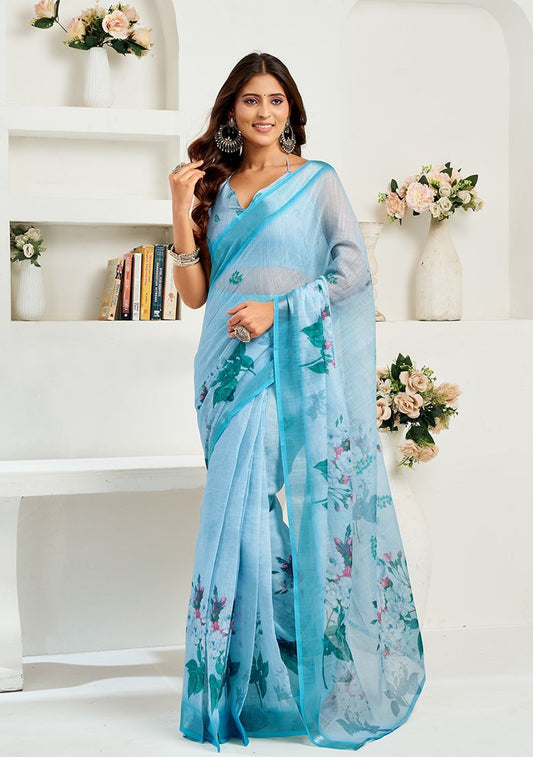 Multicolor Flower Print Linen Saree with Unstitched Blouse