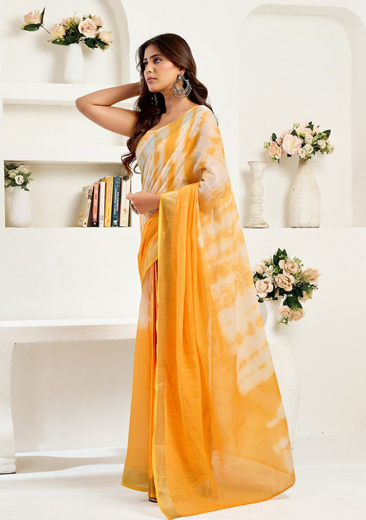 Yellow Digital Print Linen Saree with Unstitched Blouse