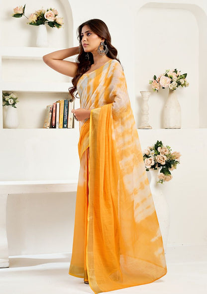 Yellow Digital Print Linen Saree with Unstitched Blouse