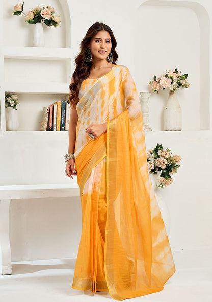 Yellow Digital Print Linen Saree with Unstitched Blouse