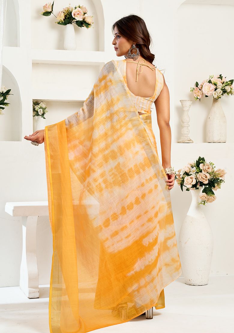 Yellow Digital Print Linen Saree with Unstitched Blouse