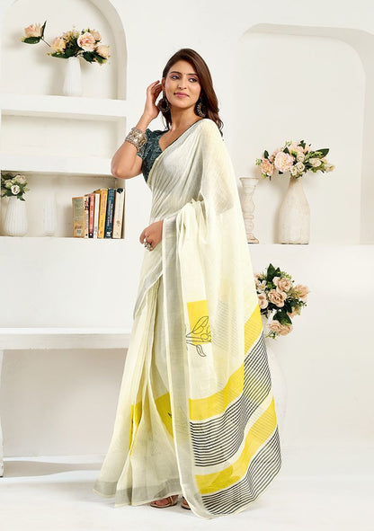 White Digital Print Linen Saree with Unstitched Blouse