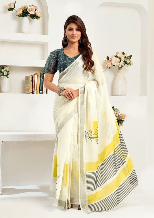 White Digital Print Linen Saree with Unstitched Blouse