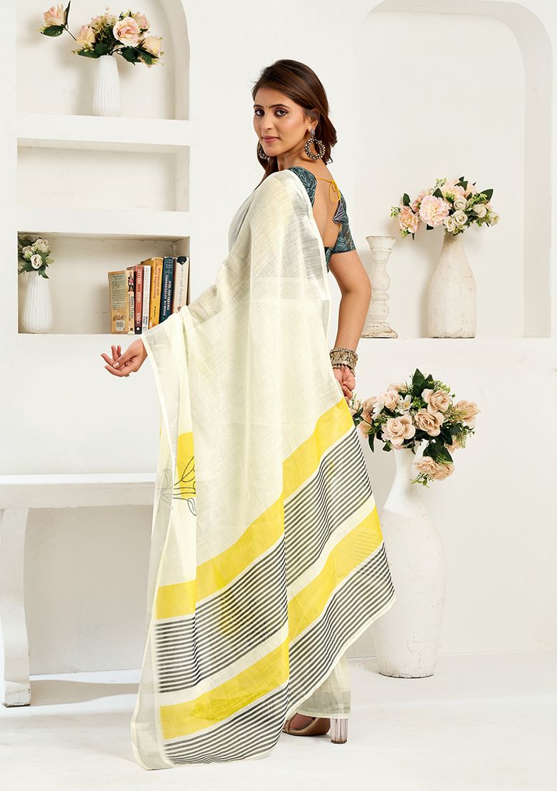 White Digital Print Linen Saree with Unstitched Blouse
