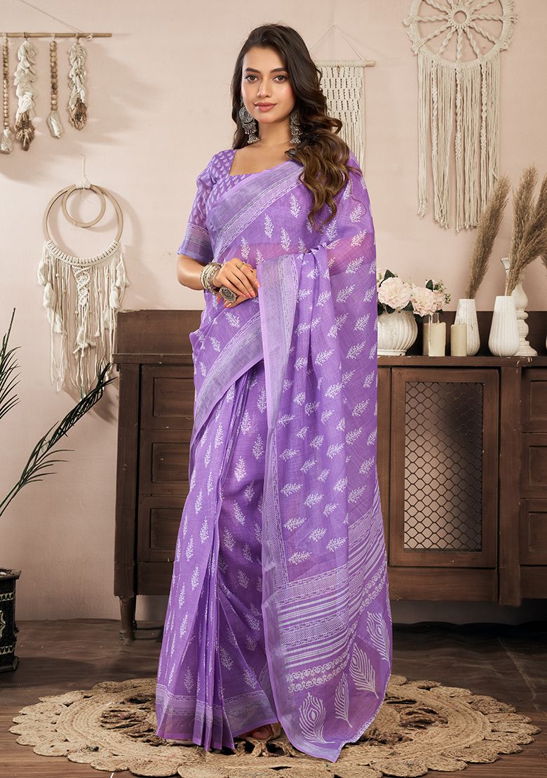 Excellent Digital Print Linen Saree with Unstitched Blouse