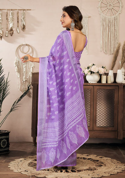 Excellent Digital Print Linen Saree with Unstitched Blouse