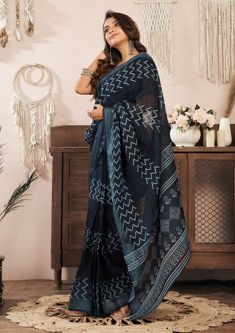 Black Digital Print Linen Saree with Unstitched Blouse