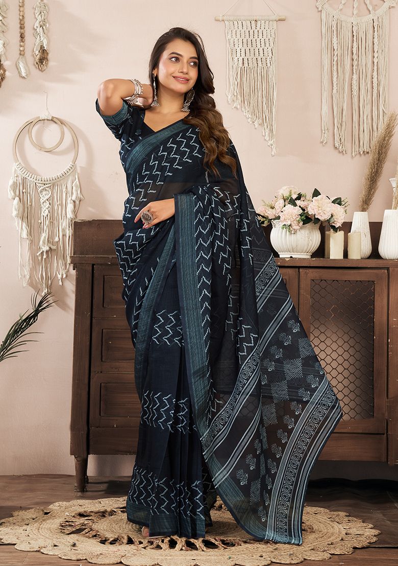 Black Digital Print Linen Saree with Unstitched Blouse