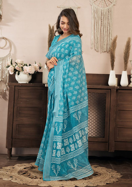 Classy Digital Print Linen Saree with Unstitched Blouse