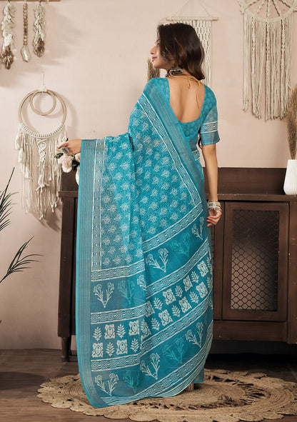Classy Digital Print Linen Saree with Unstitched Blouse