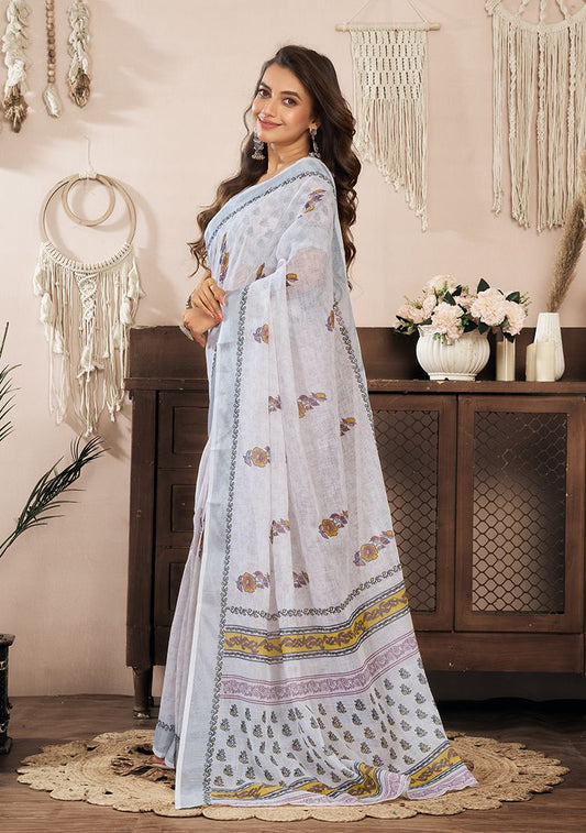 Multicolor Classy Digital Print Linen Saree with Unstitched Blouse