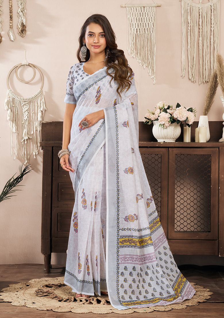 Multicolor Classy Digital Print Linen Saree with Unstitched Blouse