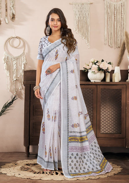 Multicolor Classy Digital Print Linen Saree with Unstitched Blouse