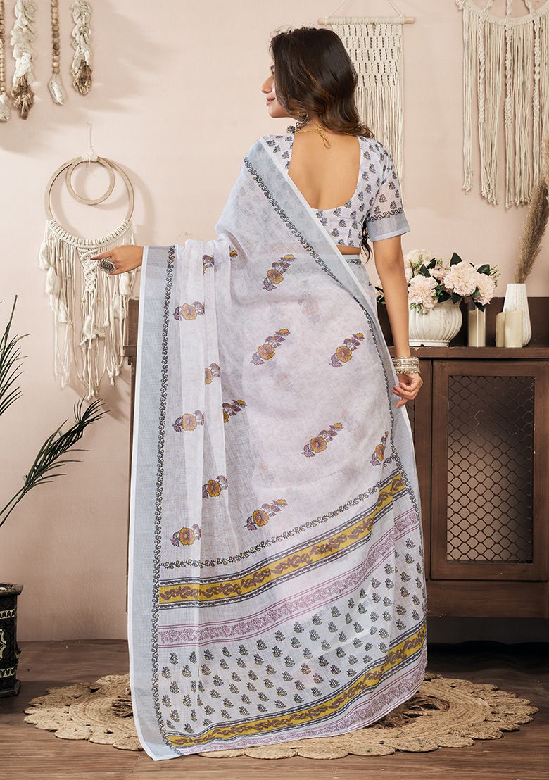 Multicolor Classy Digital Print Linen Saree with Unstitched Blouse